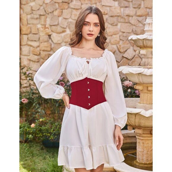 Women's Wine Red Floral Lace Up Boned Underbust Darkness Corset Waist Belts - Picture 8 of 9